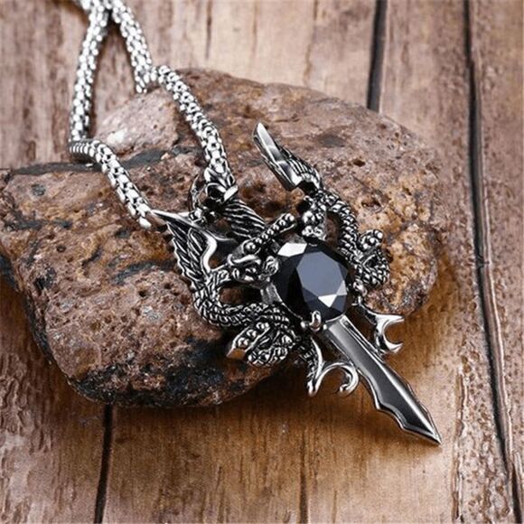 STAINLESS STEEL BLACK DIAMOND TWIN DRAGON CROSS SWORD NECKLACE - Picture 5 of 7